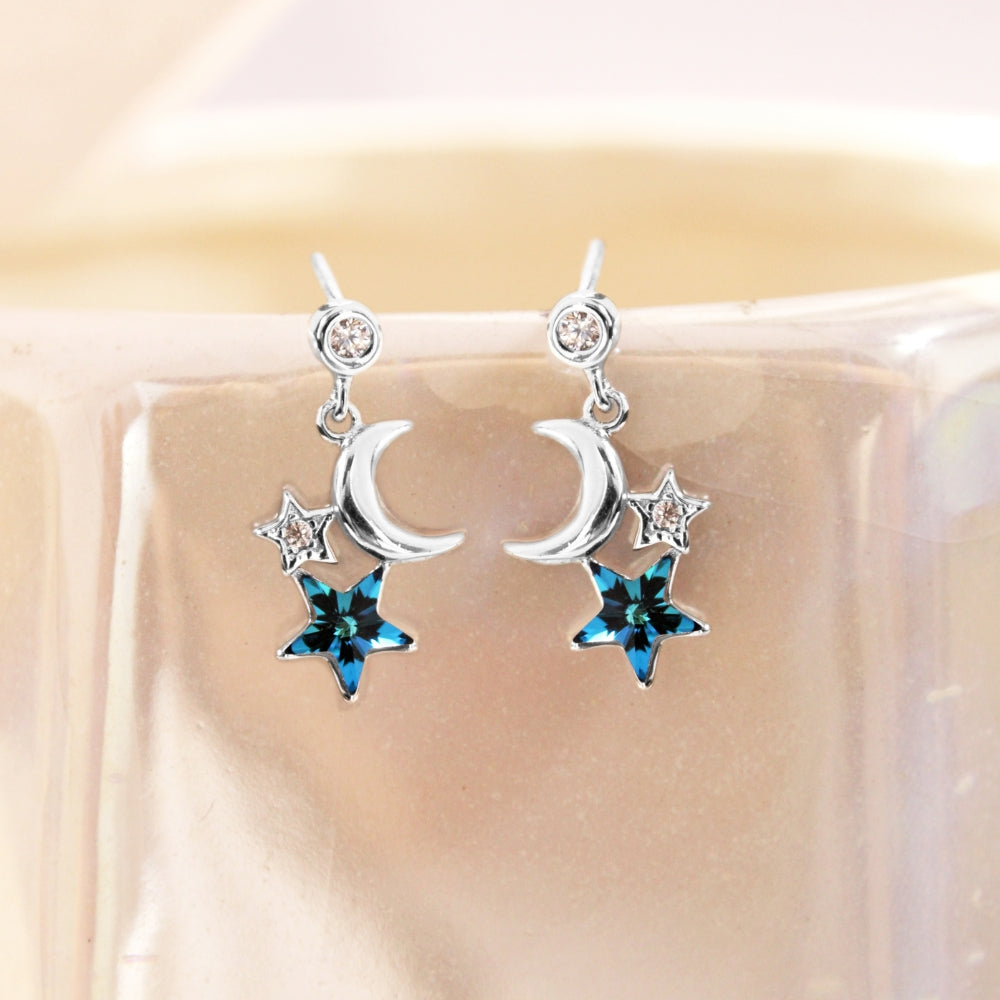 aretes plateados, aretes plateados de luna y estrellas, aretes de estrellas, aretes de luna, aretes plateados