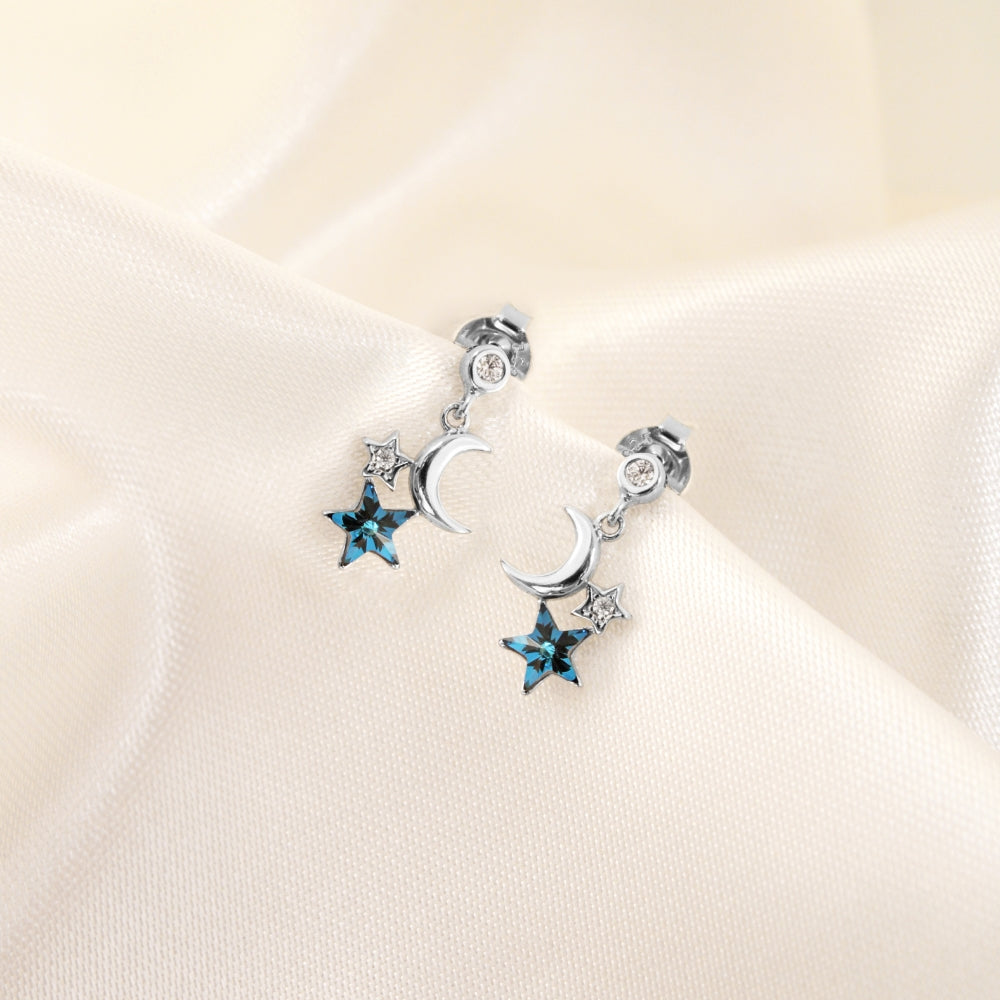 aretes plateados, aretes plateados de luna y estrellas, aretes de estrellas, aretes de luna, aretes plateados