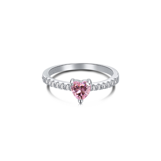 anillo con piedra corazon rosada, anillo delicado, anillo de plata, anillo plateado, anillo de compromiso, anillo con piedras