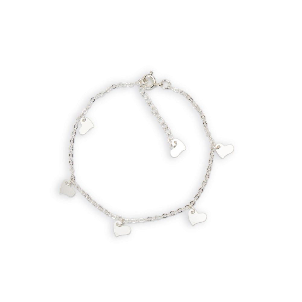 pulsera de plata con corazones, pulsera con colgantes de corazon, pulsera plateada