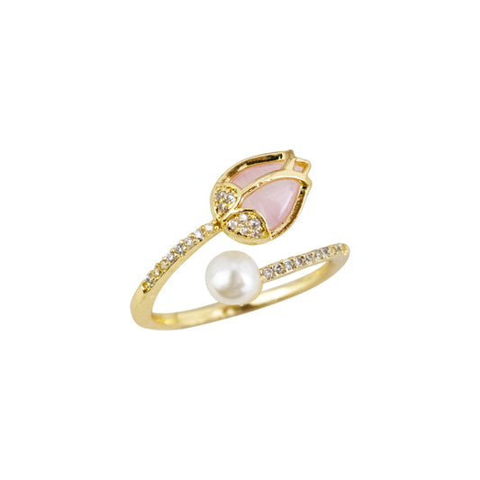 Anillo de flor, tulipan con piedra rosada y perla. Anillo dorado regulable de flor o tulipan