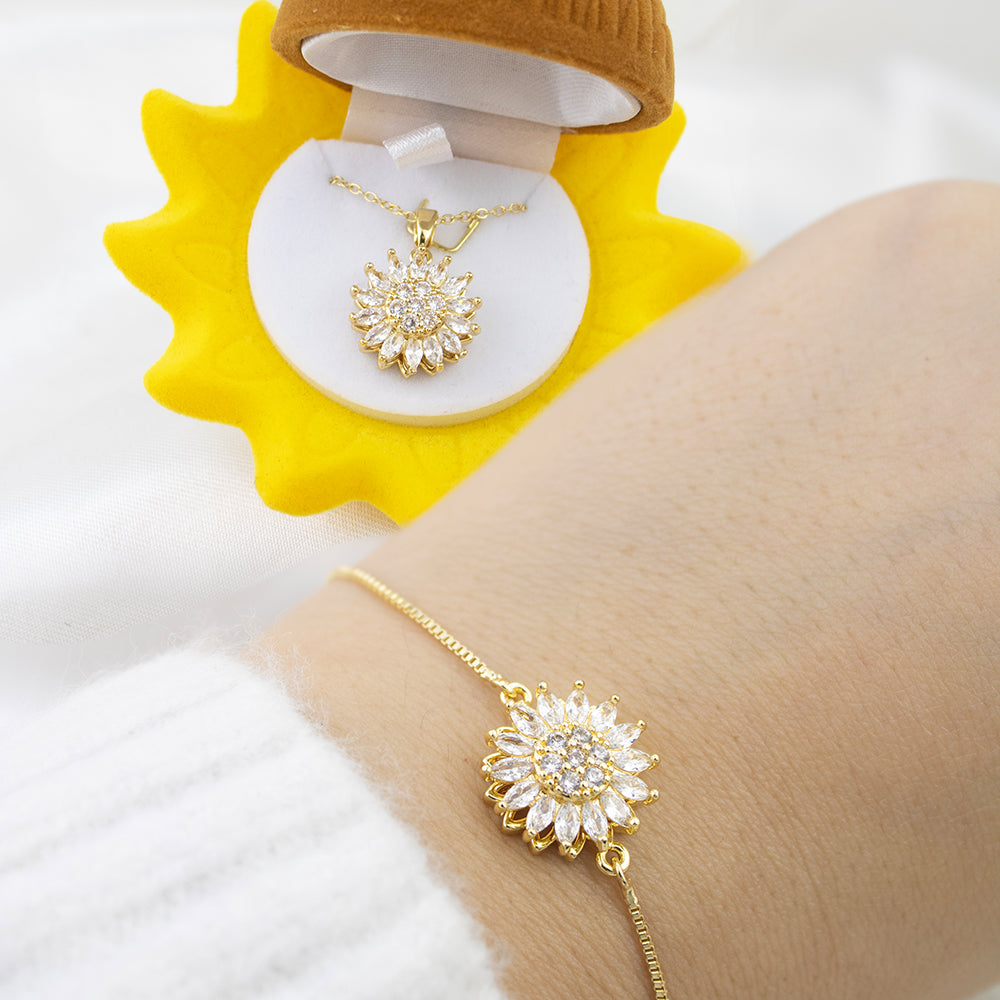 Box Primavera 4 piezas Girasol: Collar + Arete + Pulsera + Anillo Girasol Giratorio