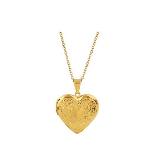 collar relicario grande, collar de corazon dorado, collar donde poner fotos, collar de acero de corazon