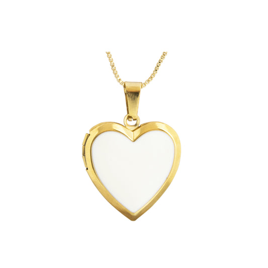 Collar relicario en forma de corazón con interior blanco, para colocar fotos dentro de el. Collar en tono dorado/acero