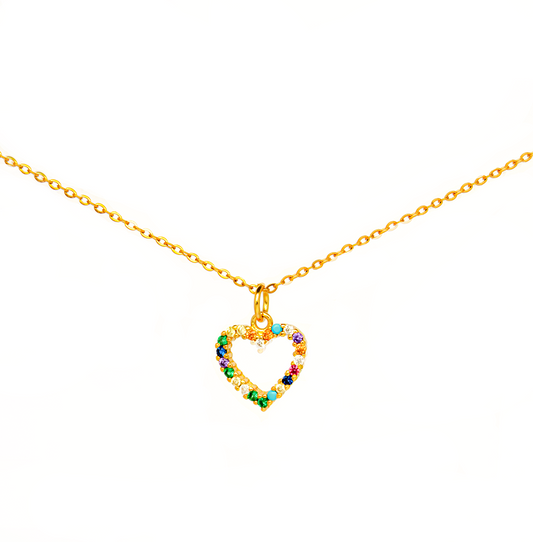 collar de corazon, collar dorado de corazon con piedras, collar multicolor, collar dorado