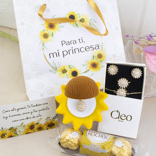 Box Primavera 4 piezas Girasol: Collar + Arete + Pulsera + Anillo Girasol Giratorio