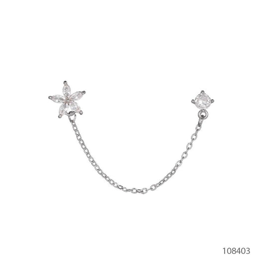 piercing plateada de flor, piercing doble, piercing de flor con piedra, piercing largo