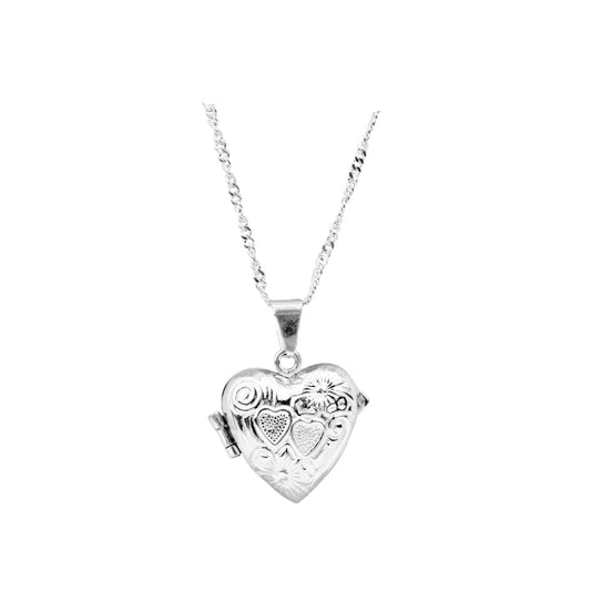 collar relicario corazon, collar plateado texturado, collar de corazon plateado, collar para colocar fotos, relicario