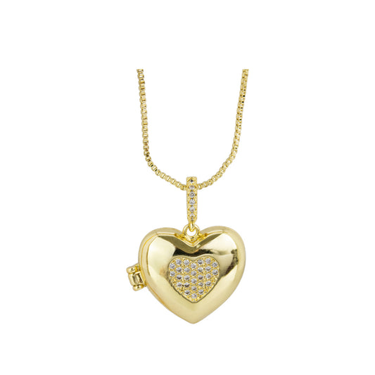 collar relicario en forma de corazon con piedras  dorado, collar de corazon, collar para colocar fotos, collar dorado para poner fotos, collar con circones en forma de corazon